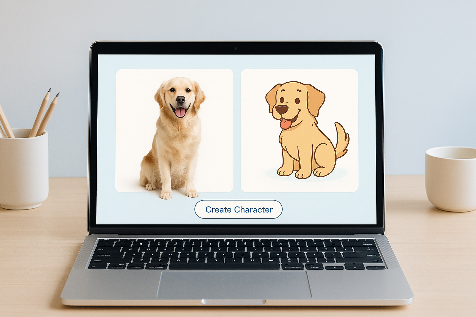 Create characters - transforming a real dog photo into a cartoon character